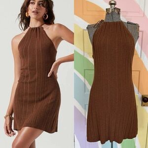 ASTR The Label Silk Blend Adjustable Halter Neck Stretch Rib Knit Dress Sz L 💚🍄